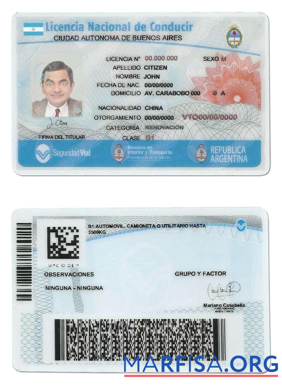 Blank Argentina Buenos Aires driving license sample